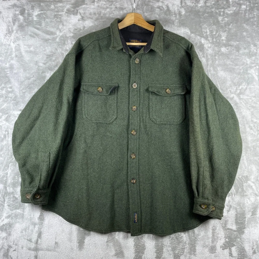 Woolrich Shirt Jacket Mens XL Green Wool Workwear Shacket Heavyweight Button